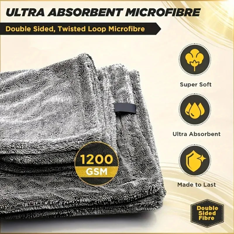 Premium Microfiber Car Towel, 1200 Gsm, Dual-Sided Absorbent, Quick Drying, Large Size 60x90cm, Ideal for Auto Cleaning